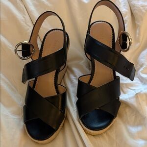 Kate Spade Black Leather Wedges with Silver Buckle